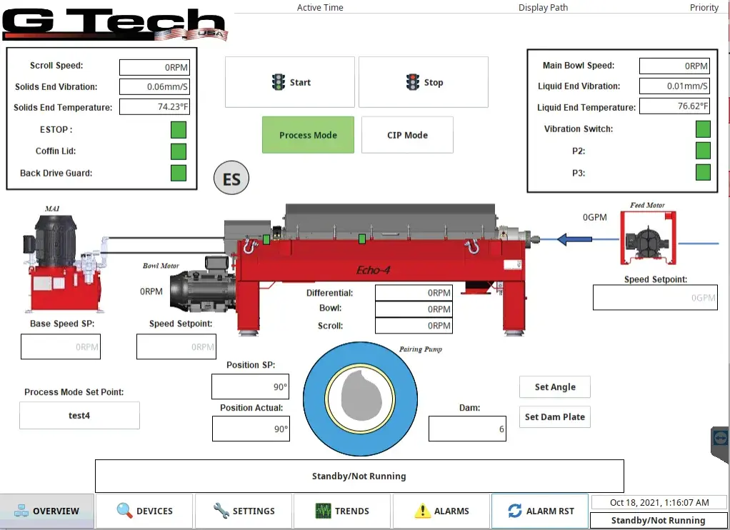 HMI illustrates the operational system that automates the Echo 3 phase decanter